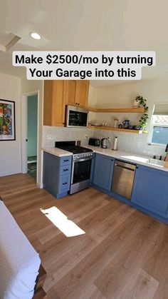 a kitchen with blue cabinets and white counter tops is featured in this ad for garage into this