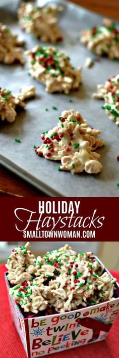 holiday cookies with sprinkles and white frosting in a baking pan on a red table