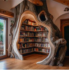 an unusual bookcase in the shape of a tree trunk