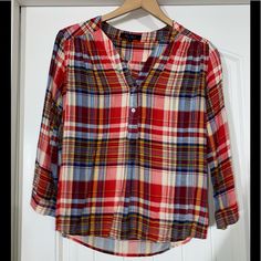 Honey Punch Plaid Blouse Two Button V-Neck Front Long Sleeve/Three Quarter Roll Up Sleeve. Tag Was Torn Off, Never Worn. (Small) Honey Punch, Plaid Blouse, Roll Up Sleeves, Roll Up, Three Quarter, Red Blue, Red And Blue, Color Blue, Honey