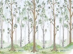 watercolor painting of trees in the woods