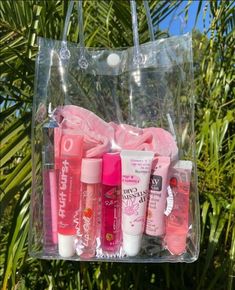 a clear bag filled with lots of different types of lip glosses and lotions