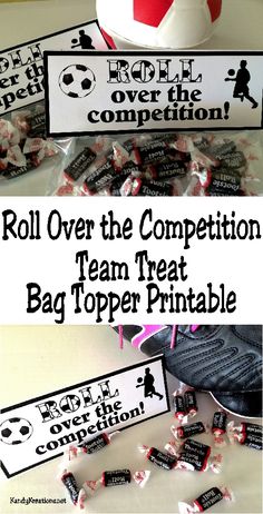 a bag topper with the words roll over the competition on it and an image of a