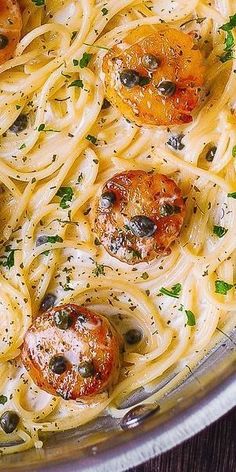 close-up of Scallop Spaghetti in Creamy White Wine Butter Garlic Sauce with Capers Scallop Spaghetti, Seafood Pasta White Wine, Butter Garlic Sauce, Garlic Butter Pasta, Scallop Pasta, Wine Butter, White Wine Sauce