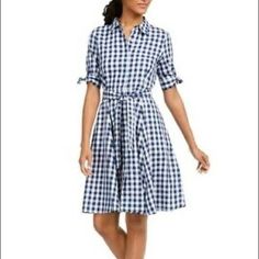 Calvin Klein Blue And White Gingham Belted Shirt Dress Size 6 New With Tags, Never Worn Spring Fitted Plaid Shirt Dress, Fitted Plaid Shirt Dress For Spring, Collared Gingham Dresses, Casual Collared Gingham Dress, Casual Gingham Collared Dress, Active Wear Dresses, Classic Sheath Dress, Blue And White Gingham, Olive Green Dresses