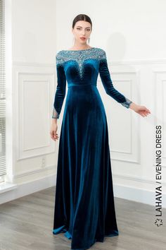 Velvet long sleeves beaded gown – LAHAVA Velvet Material Dress Design, Belvet Dresses, Long Sleeve Modest Evening Gowns, Velvet Gowns, Velvet Kurti, Beautiful Gown Designs, Maxi Frocks, Aw 2023, Modern Dresses