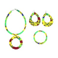 Colorful and stylish, this Kitenge Hoop Jewelry Set makes an authentically African accent for any ensemble. The set contains a necklace, bracelet, and earrings. The necklace is a choker-style necklace with large, circular pendant with a hole in the middle hanging from it. The earrings are tear-drop shaped earrings with a hole in the middle. The necklace, bracelet, and earrings are all covered in traditionally patterned Kitenge fabric in red, yellow, green, and blue. Made in Kenya. J-S713 Hoop Jewelry, Ankh Necklace, Multi Necklace, Arm Bracelets, Choker Style Necklace, Set Jewelry, Kitenge, Disc Earrings, African Jewelry