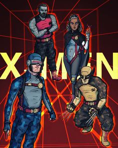 the x - men are standing next to each other in front of a red background