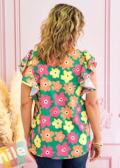 IN A GARDEN STATE OF MIND! Green w/ Pink, Orange & Yellow Florals Boat Neckline | Short Ruffled Sleeves | Curved Hemline Woven | No Stretch | Relaxed Fit Main: 100% Polyester Measurements Bust Measured Laid Flat Across Front | Armpit to Armpit S 20” | M 21” | L 22” | 1XL 23” | 2XL 24” | 3XL 25” Length Measured Shoulder to Hemline S 27” | M 27” | L 28” | 1XL 28” | 2XL 29” | 3XL 30” Model: Holly is wearing a Small Brand: First Love Green Vibrant Print Summer Blouse, Summer Green Blouse With Vibrant Print, Summer Blouse With Vibrant Green Print, Green Printed Blouse For Day Out, Printed Green Blouse For Day Out, Spring Green Blouse For Beach, Green Blouse For Beach Spring Season, Green Blouse For Beach In Spring, Green Vibrant Print Tops For Vacation