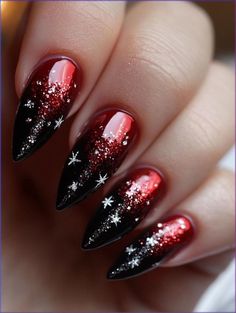 Transform your manicure into a festive masterpiece! These pointed nails combine rich reds, sleek black, and enchanting snowflake designs for a chic winter look. Get inspired to show off your festive style this season! ✨❤️
#acrylicnails #designnails Simple Sparkly Christmas Nails, Dark Christmas Nails Acrylic, Dark Christmas Nail Ideas, Anti Christmas Nails, Christmas Nail Design Ideas, Fun Holiday Nails, Witchy Christmas Nails, Scary Christmas Nails, Gothmas Nails