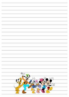 lined paper with mickey mouse and friends on the bottom, in front of an image of goofy