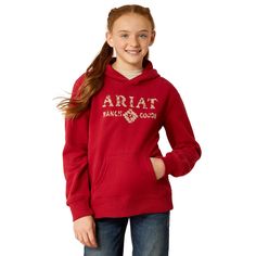 She'll love showing her Ariat pride in this cozy hoodie. Whether she's heading to school or the barn, it'll be the first thing she reaches for when she needs a little extra warmth. Ranch Goods Hoodie | Product Features : 0 : Screen print detail, 1 : Adjustable three-piece hood with soft jersey lining, 2 : Kangaroo pocket | Kid's Ranch Goods Hoodie in Rio Red Cozy cotton blend fleece. 52% Cotton, 48% Polyester. Imported, Size: XS by Ariat Red Fleece Hoodie With Adjustable Hood, Ariat Hoodie, Cozy Red Fleece Hoodie, Red Cotton Outdoor Hoodie, Red Outdoor Hoodie Sweatshirt, Cozy Hoodie, Red Hoodie, Cotton Fleece, How To Show Love