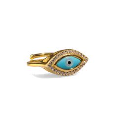 Embrace elegance and spiritual protection with the Turquoise Evil Eye & Diamond Gold Statement Ring. Crafted with an 18k gold-plated sterling silver band, this stunning ring features a vibrant turquoise enamel evil eye at its center, surrounded by shimmering Cz diamonds. Designed to offer both style and protection, this chic ring is perfect for adding a touch of sophistication to your look while guarding against negative energies.  A must-have accessory for those who value both fashion and meaning. Details 18K Gold plated on sterling silver Blue enamel Cz diamond Adjustable size Avoid contact with chemicals, makeup, perfume. Do not use dips or abrasive cleaners on ring. To clean and brighten it up your ring, wipe them gently with jewelry polishing cloth. Chic Rings, Gold Statement Ring, Spiritual Protection, Forever Jewelry, Turquoise Rings, Diamond Gold, Cz Diamond, Cuff Earrings, Fine Jewellery Necklace