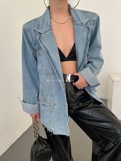 Denim Blazer Jacket, 90s Style, Blazer Outfits, Grunge Style, Looks Style, Mode Inspiration, Look Chic, Metal Buttons