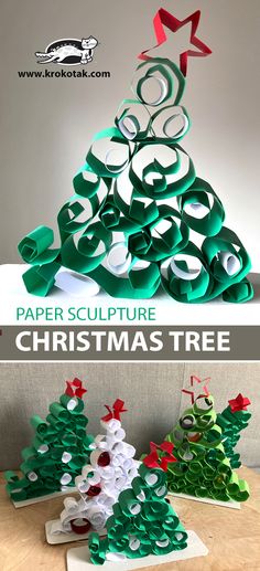 paper sculpture christmas tree made out of toilet rolls and other crafting supplies with text overlay that says paper sculpture christmas tree