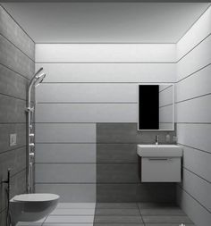 a bathroom with a toilet, sink and shower in black and white colors on the walls