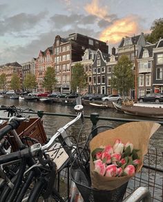 a bunch of flowers that are sitting on a bike