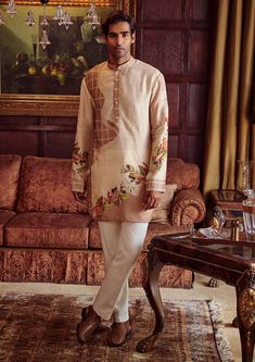 Kalista Men-Faiz Beige Floral Kurta And Pant-INDIASPOPUP.COM Luxury Festive Floral Print Bandhgala, Luxury Beige Festive Kurta, Floral Kurta For Men, Lehenga Anarkali, Blouse Yoke, Kurta For Men, Men Abs, Contemporary Clothing, Ethnic Design