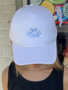 Perfect for Big/Little, New Members, and Sorority Gifts!  These embroidered hats are the ultimate must-have for elevating any outfit and repping your chapter! Product Specs: - 100% polyester - Five panel - Polyester foam front with mesh back - Thread Color: Light Blue **Because this design is approved by the sorority's headquarters, we cannot change the colors of the design or the hat **These items are MADE TO ORDER. Please allow for 7-10 business days from the day of placing your order due to production times for this item Message us about bulk orders!! ♡ Sorority Trucker Hats, Sorority Hats, Sorority Accessories, Embroidered Bow, Sorority Merch, Go Greek, Pi Beta Phi, Five Panel, Sorority Gifts