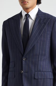 Pinstripes point up the precision tailoring of this structured suit cut from sumptuous wool in a single-breasted silhouette and framed with wide peaked lapels. Jacket has two-button closure; peaked lapels; four-button cuffs; chest welt pocket; front flap pockets; ticket pocket Trousers have zip fly with button-tab closure; front slant pockets; back button-welt pockets; adjustable waist Jacket is partially lined Trousers are unhemmed 100% wool Dry clean Made in Italy Designer Clothing Classic Striped Double Breasted Suit For Office, Elegant Striped Double-breasted Suit For Office, Striped Double Breasted Suit With Notch Lapel For Office, Elegant Pinstripe Double Breasted Suit For Work, Classic Pinstripe Double Breasted Suit With Collar, Pinstripe Double Breasted Suit With Notch Lapel, Formal Pinstripe Double Breasted Suit With Notch Lapel, Tailored Striped Double Breasted Suit For Business Casual, Pinstripe Double Breasted Business Suit