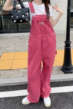 Loose Rose Pink Long Denim Jumpsuit – Nada Outfit Land Pink Denim Overalls, Color Block Overalls, Outfit Rosa, Jean Rose, Preppy Aesthetic Outfits, Suspender Jeans, Y2k Spring, Pink Overalls, Sweat Vintage