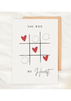 a card that says you won, my heart is on it and hearts are in the middle