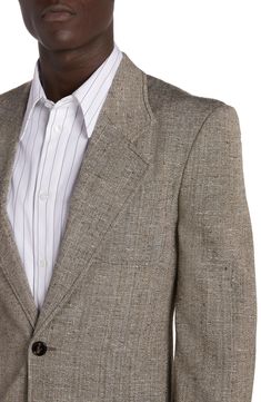 This single-button suit jacket with crisp notched lapels is crafted in Italy from a textured, silk-kissed melange fabric colored in neutral hues. 32 1/2" length (size 40) One-button closure Notched lapels Chest patch pocket; front patch pockets Functional three-button cuffs Back vent Partially lined 62% viscose, 38% silk Dry clean Made in Italy Designer Clothing Classic Single Breasted Linen Tweed Jacket, Classic Linen Tweed Jacket With Notch Lapel, Elegant Single Button Linen Sport Coat, Elegant Linen Tweed Jacket For Work, Elegant Single-breasted Linen Sport Coat, Luxury Single Breasted Tweed Jacket With Notch Lapel, Classic Structured Blazer For Formal Occasions, Beige Single Breasted Tweed Jacket With Notch Lapel, Beige Single-breasted Tweed Jacket With Notch Lapel