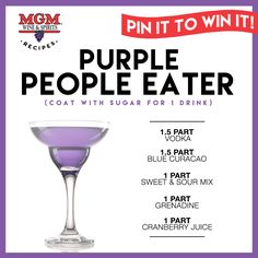 the purple drink is in a wine glass with information about it and how to use it