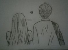 a pencil drawing of two people looking at something in the distance with a heart shaped object above them