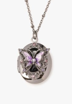 Please note that this item is final sale and cannot be returned or exchanged. See more in our Shipping and Returns page. Princess length stylized chain with purple butterfly motif on opening locket. Composition: Gunmetal, titanium (post), and synthetic resin Created by Vendome Jewelry Made with love in Japan Style # SAMN198650XV Purple Enamel Pendant Jewelry, Silver Enamel Locket Necklace, Purple Locket Jewelry For Gift, Butterfly Locket Necklace, Butterfly Locket, Vendome Jewelry, Butterfly Motif, Vanity Accessories, New Cosmetics