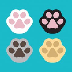 four different colored paw prints on a blue background, one is black, the other has pink and brown