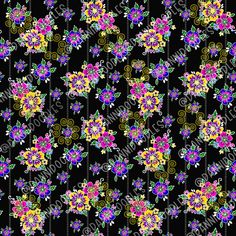 an abstract floral design on black and yellow fabric with multicolored flowers in the center