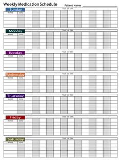 a printable weekly medication schedule for the week, with different times and days on it