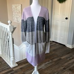 Apt 9 Nwt! Purple, Blue, Gray Striped Knit Cardigan Sweater Size Xxl Measures Approximately: Armpit 25 Inch Length 36 Inch Long Sweaters Cardigan, Purple Grey, Knit Sweater Cardigan, Long Cardigan, Striped Knit, Grey Stripes, Sweater Sizes, Knit Cardigan, Sweater Cardigan