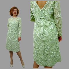 Vintage 1960 dress. This brilliant spring piece is made of royal Chantelle lace that is all of excellent quality. Lime green floral lace shift dress. Crepe lining. Satin bow accent back and sleeve.  Back zipper and hidden snaps. Truly stunning piece. In excellent condition, cleaned and ready to wear. Label: None present Fits like Small to Medium Measurements: bust 34"- 36" waist 30" hip: 40" sleeve: 21" length 38" Spring Green Lace Dress With Lace Trim, Spring Vintage Dress With Lace Trim For Formal Occasions, Spring Formal Vintage Dress With Lace Trim, Green Lace Dress For Formal Occasions, Green Lace Dress For Formal Events, Formal Green Lace Dress, Green Lace Formal Dress, Green Formal Dresses With Lace Trim, Spring Vintage Lace Dress For Formal Occasions