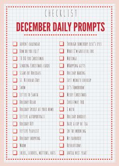 a checklist with the words december daily prompts written in red on top of it