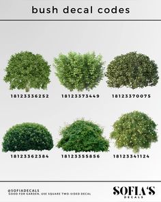 bush decals are shown in different sizes and colors for each type of shrub or tree