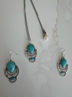 Vintage Turquoise necklace and 925 sliver earrings set unique pretty for her gift Nickel-free Turquoise Pendant Necklace, Elegant Turquoise Nickel-free Jewelry, Bohemian Turquoise Jewelry Sets For Gifts, Turquoise Jewelry With Matching Earrings, Turquoise Dangle Necklace, Nickel-free Turquoise Necklace Gift, Nickel-free Turquoise Necklace For Gift, Elegant Turquoise Sterling Silver Jewelry, Elegant Teardrop Turquoise Necklace