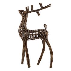 a wooden sculpture of a deer made out of sticks and twigs on a white background