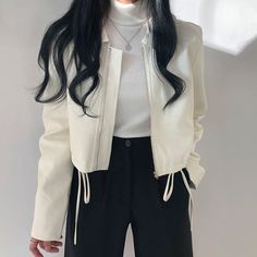 Product information:Style: Casual/Street/Vintage/Punk/Hip Pop/Y2K/SexyPattern: solid colorSleeve length: long sleeveCollar type: wavy collarColor: off white. blackSize: One SizeSize Information:Size: One Size Size（Unit：cmï¼?/th> Length Bust Shoulder Sleeve One size 52 100 41 60 Trendy Fitted Leather Jacket For Winter, Chic Long Sleeve Leather Jacket For Winter, Chic Long Sleeve Cropped Jacket For Spring, Trendy White Long Sleeve Leather Jacket, Trendy Cropped Winter Jacket For Party, Trendy White Leather Jacket With Long Sleeves, Long Sleeve Cropped Jacket For Spring, Leather Jacket With Zipper Closure, Fall Party Outerwear Solid Color