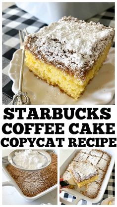 this is a collage of photos with coffee cake and copycat recipe on it