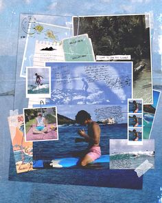 a collage of photos with people on surfboards in the water and one person sitting on a surfboard