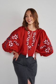 🌷Introducing our Relaxed Fit Puff Sleeve Linen Blouse, the perfect blend of comfort and style for the modern bohemian woman.  This handmade red blouse features charming puff sleeves that add a touch of elegance to any outfit while ensuring a relaxed fit for all-day comfort. The intricate embroidery adds a unique and artistic flair, making this blouse not just a piece of clothing, but a statement of style. Whether you dress it up with skirts or keep it casual with jeans, this Boho Linen Blouse is versatile enough for any occasion--from brunch dates to beach strolls. Embrace sustainable fashion with our artisan-made piece that celebrates individuality and craftsmanship. Care Instructions: Machine wash cold, hang to dry, and iron on low heat to preserve its beautiful shape and embroidery. St Bohemian Woman, Shirt With Embroidery, Bohemian Women, Red Boho, Red Blouse, Linen Blouse, Organic Linens, Modern Bohemian, Red Blouses