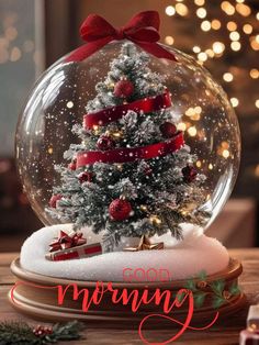 a snow globe with a christmas tree inside and the words good morning in red lettering