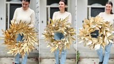 three pictures of a woman holding a wreath made out of gold leafy plants and flowers