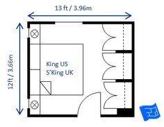 a floor plan for a bedroom with double beds and an attached bathroom in the same room