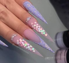 Nail Designs With Purple, Valentines Nail Set, Purple Stiletto Nails, Stilleto Nails Designs, Valentines Nail, Valentine Nail Art, Gold Glitter Nails, Fantasy Nails