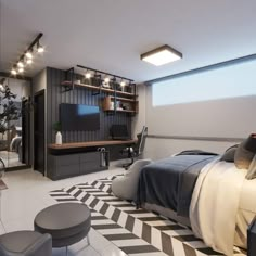 a bedroom with black and white flooring, gray furniture and a flat screen tv on the wall