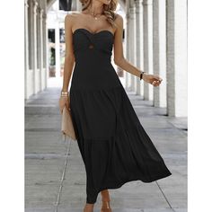 Black Twisted Bandeau Ruched Swing Maxi Dress Black Ruched Bandeau Strapless Dress, Casual Ruched Bandeau Dress, Casual Bandeau Dress With Ruched Detail, Black Strapless Dress With Smocked Bodice, Black Strapless Midi Dress For Brunch, Black Bandeau Midi Dress For Summer, Black Ruched Maxi Dress For Brunch, Casual Black Strapless Midi Dress, Date Night Bandeau Maxi Dress With Ruched Details