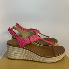 Condition: Brand New With Box Color: Rubin Red Style: Open Toe Thong Wedge Sandals Pattern: Gold Tone Mk Hardware/Mk Logo Detail Material: Pu Upper/Rubber Outsole Heel Style: Wedge Heel Height: High (3 In To 3.9 In) Closure: Buckle And Adjustable Strap Shoe Width: Medium Pink Cushioned Wedge Sandals For Vacation, Michael Kors Beach Sandals With Cushioned Footbed, Pink Toe Post Wedge Sandals For Beach, Michael Kors Platform Wedge Sandals For Summer, Michael Kors Wedge Heel Sandals For Spring, Michael Kors Summer Wedge Sandals, Michael Kors Adjustable Open Toe Sandals, Michael Kors Platform Sandals With Round Toe, Michael Kors Platform Wedge Sandals For Beach